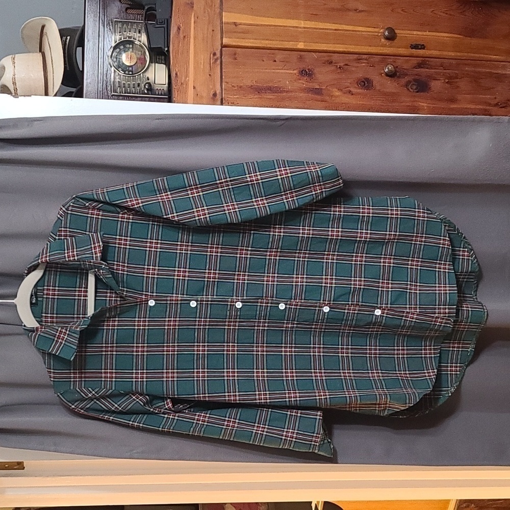 Style Dome Womens Green Plaid Tunic/Shirt Dress Buttons Size L EUC